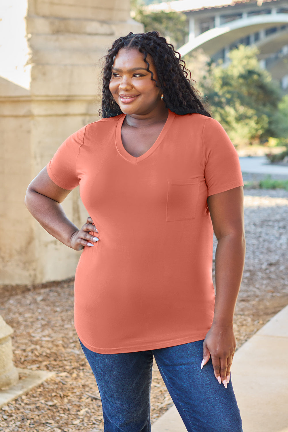 Basic Bae Women’s Bamboo Full Size  V-Neck Short Sleeve T-Shirt Bamboo Spandex Size S-3XL