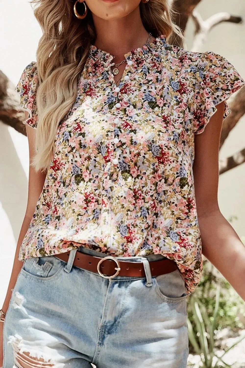 Blueberi B Women’s Floral Print Ruffle Cap Sleeve Blouse Polyester S-XL