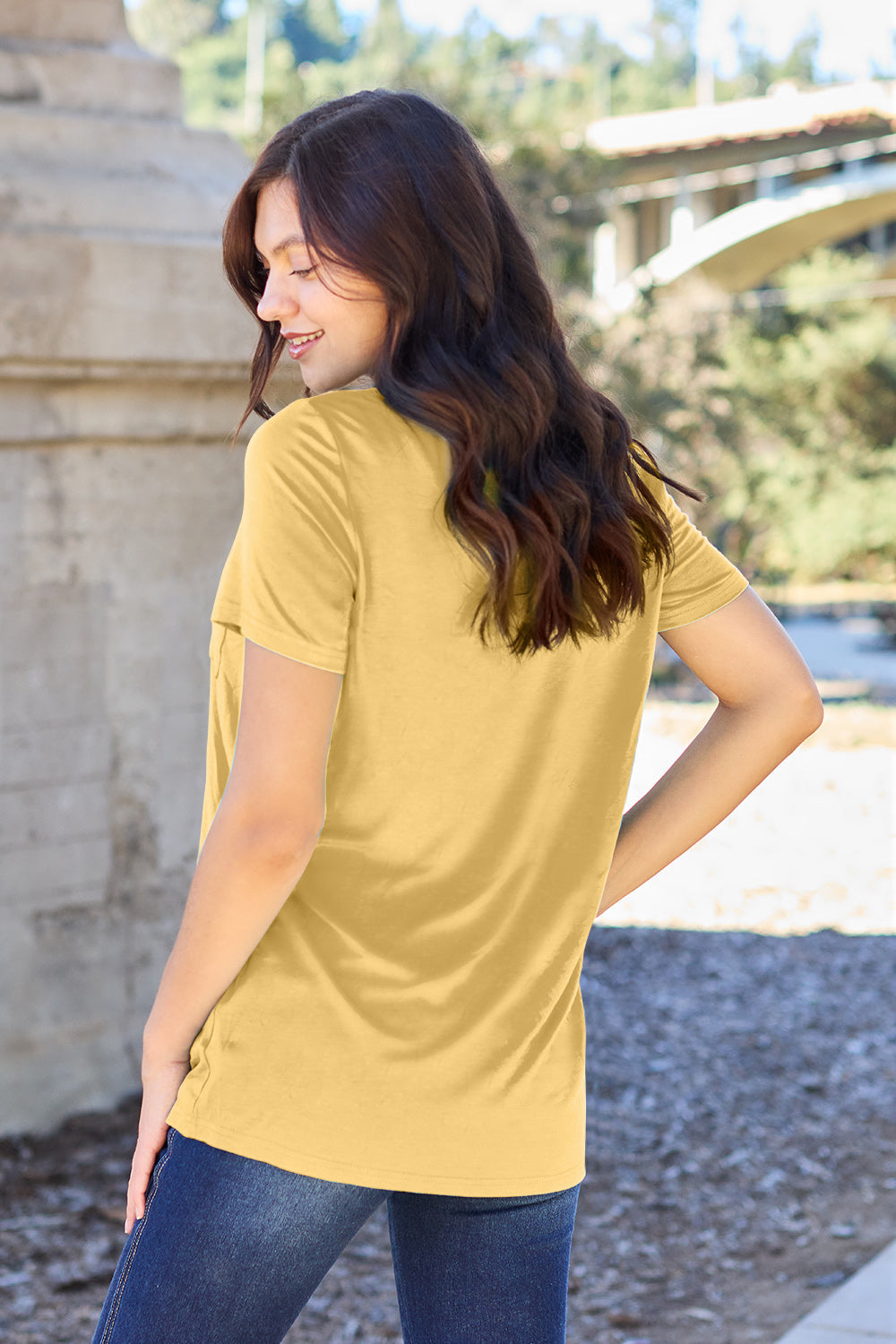 Basic Bae Women’s Bamboo Full Size  V-Neck Short Sleeve T-Shirt Bamboo Spandex Size S-3XL