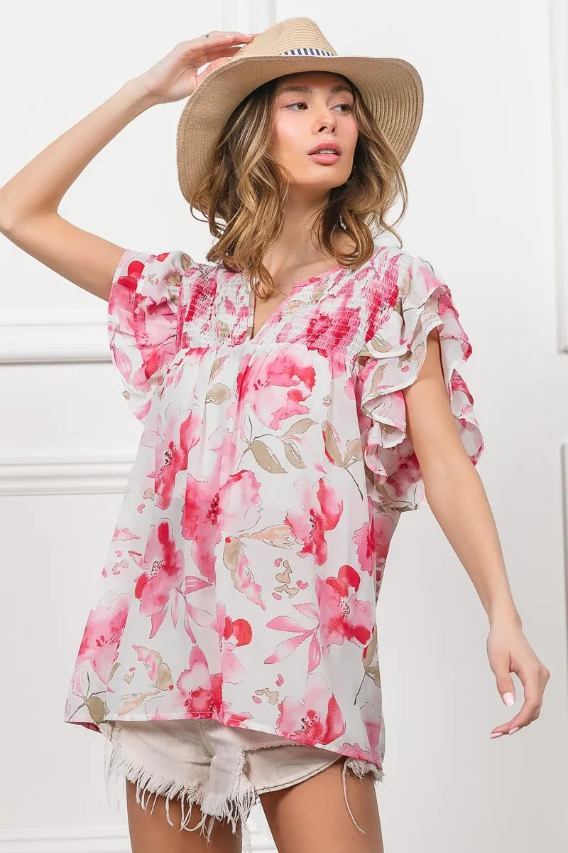 BiBi Women’s Floral Print Short Flutter Sleeve Sheer Top Polyester Cotton S-XL
