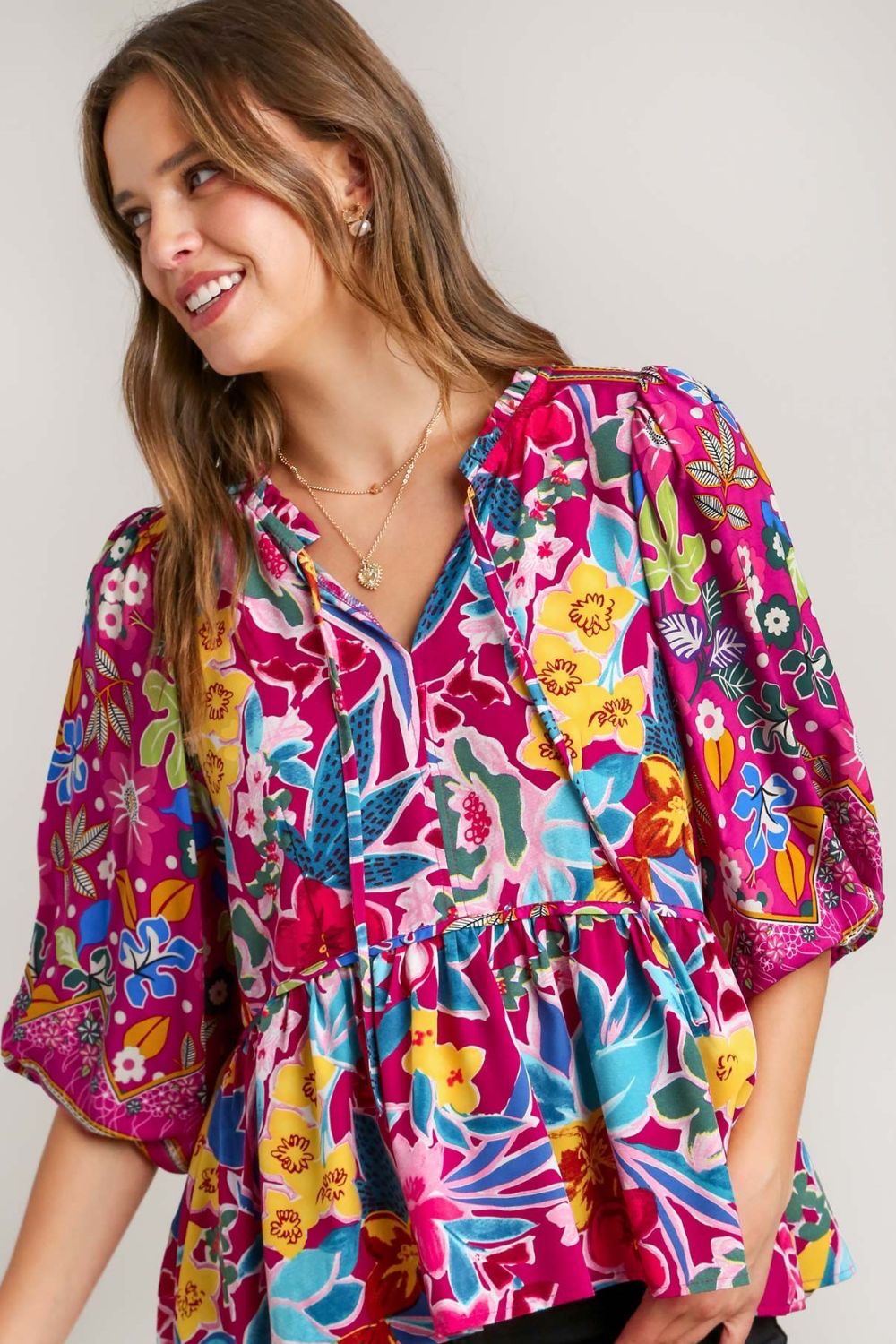 Umgee Women’s Full Size Floral Print Tie Neck Peplum Blouse Polyester Plus Size S-2XL