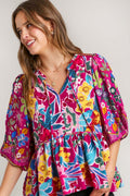 Umgee Women’s Full Size Floral Print Tie Neck Peplum Blouse Polyester Plus Size S-2XL
