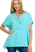 Zenana Women’s Short Sleeve Washed Double Gauze 3/4 Button Henley Neck Shirt Cotton S/M L/XL