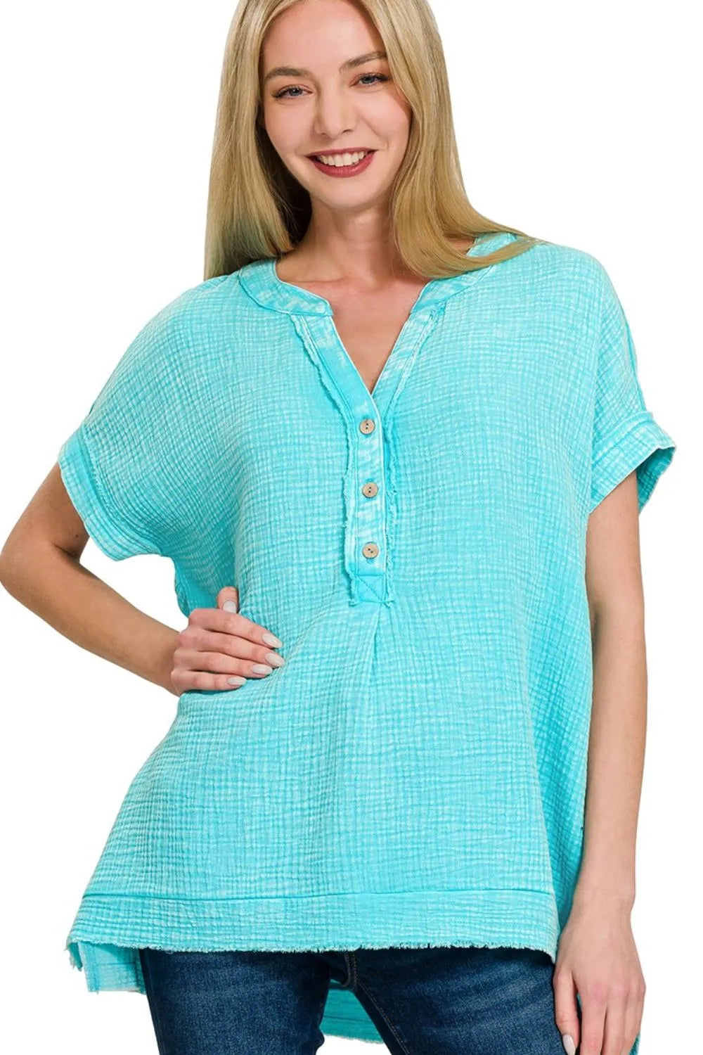 Zenana Women’s Short Sleeve Washed Double Gauze 3/4 Button Henley Neck Shirt Cotton S/M L/XL