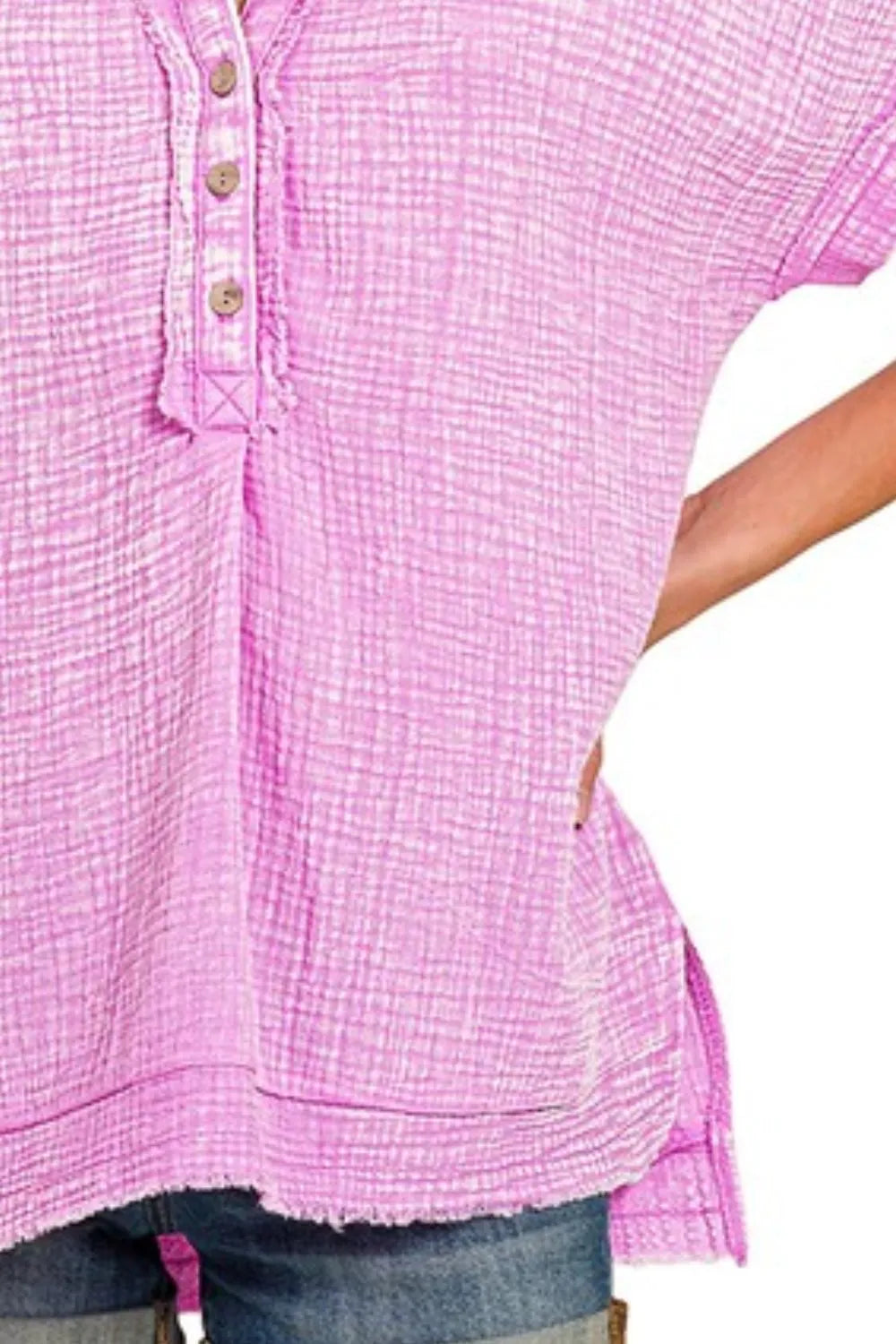 Zenana Women’s Washed Double Gauze 3/4 Button Short Sleeve Henley Neck Shirt Cotton Size S/M L/XL