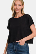 Zenana Women's  Round Neck Short Sleeve Crop T-Shirt Polyester Rayon Spandex Size S-XL