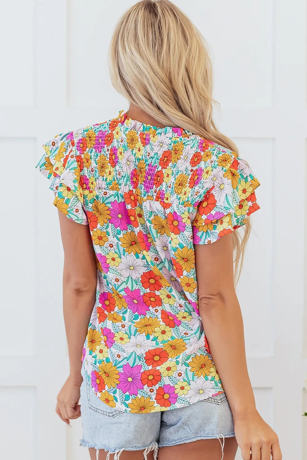 Blueberi B Women’s Floral Print Shirred Tiered Ruffled Sleeve Blouse Polyester Size S-XL