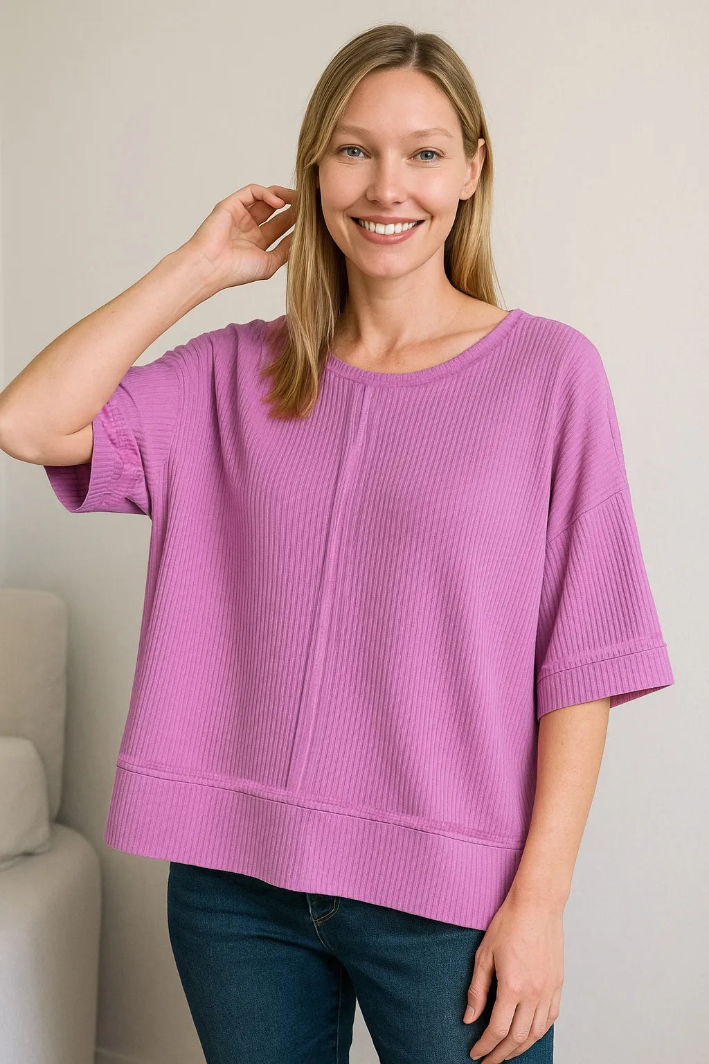 Zenana Women’s Ribbed Boat Neck 3/4 Sleeve Top Polyester Rayon Spandex Size S/M L/XL