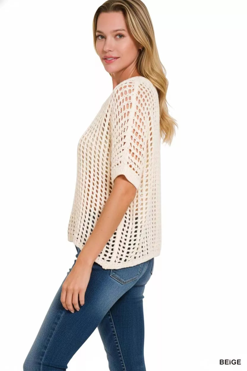Zenana Fish Net Short Sleeve Crochet Knit Cover Up Cotton Sizes S/M L/XL