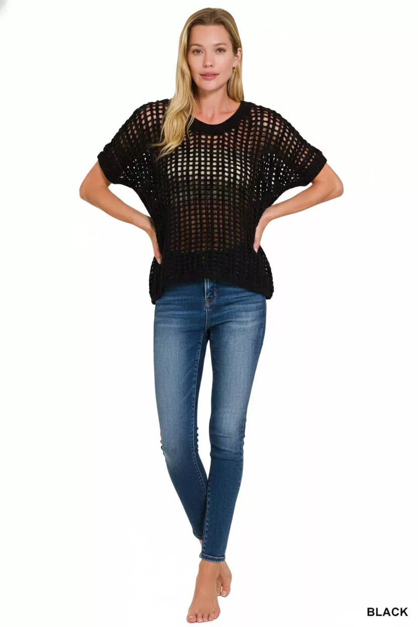 Zenana Fish Net Short Sleeve Crochet Knit Cover Up Cotton Sizes S/M L/XL