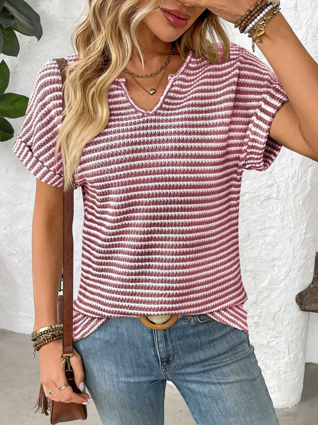 Blueberi B Women’s Striped Notched Short Sleeve T-Shirt Polyester Elastane S-2XL