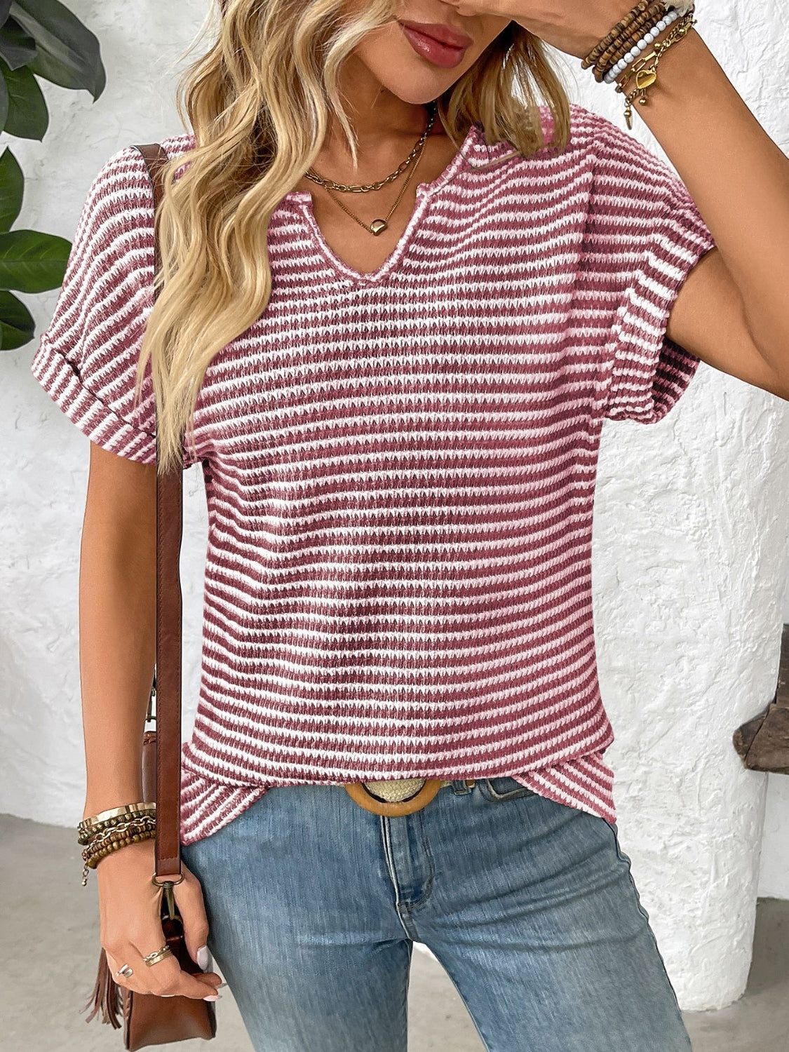 Blueberi B Women’s Striped Notched Short Sleeve T-Shirt Polyester Elastane S-2XL