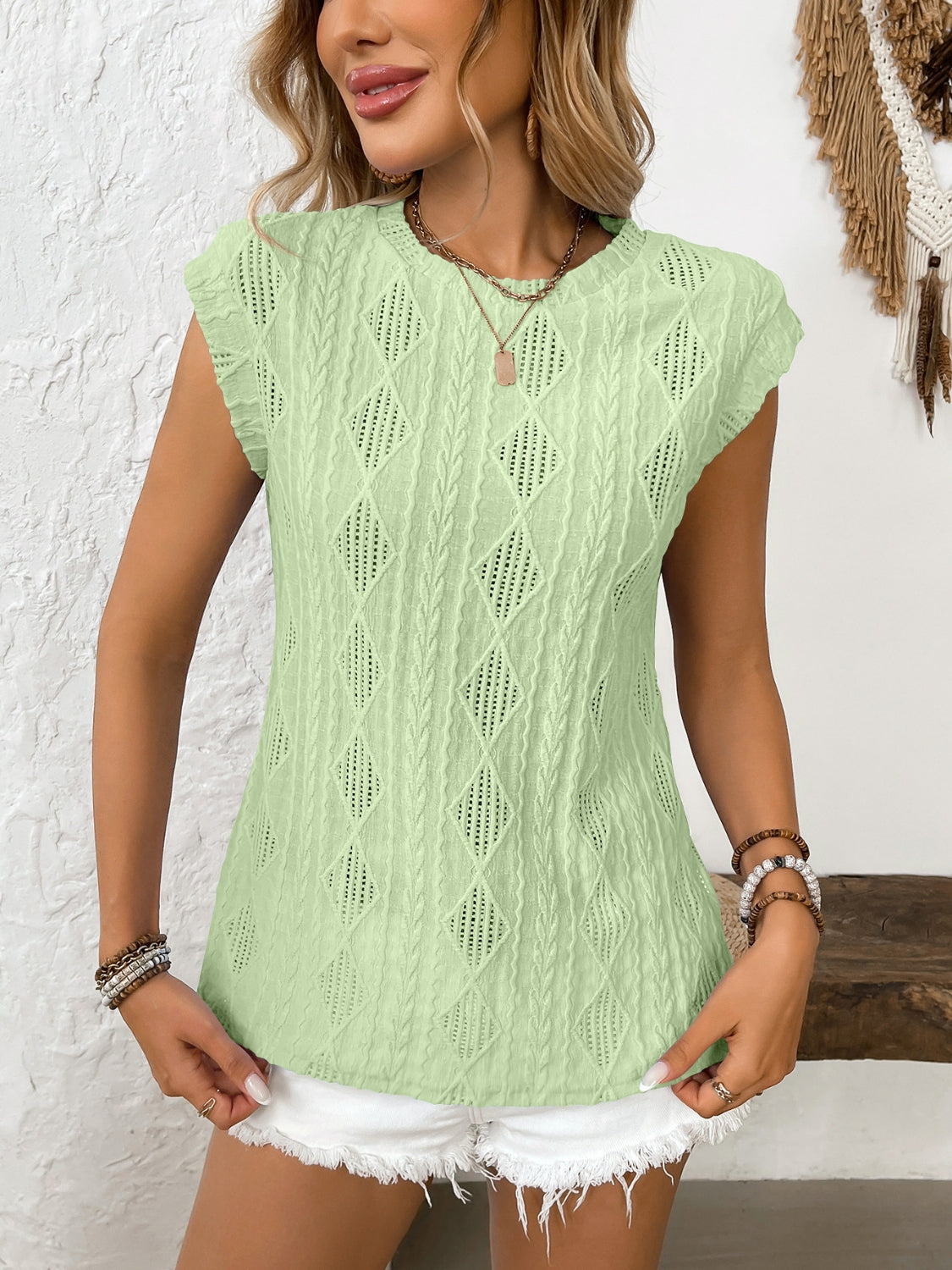 Blueberi B Women’s Eyelet Round Neck Cap Sleeve Top Polyester Elastane Size S-2XL