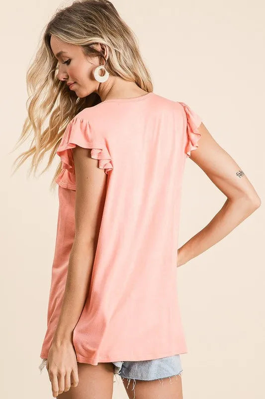 BiBi  Women’s Jersey Knit Short Sleeve Gathered Top with Ruffles Polyester S-XL