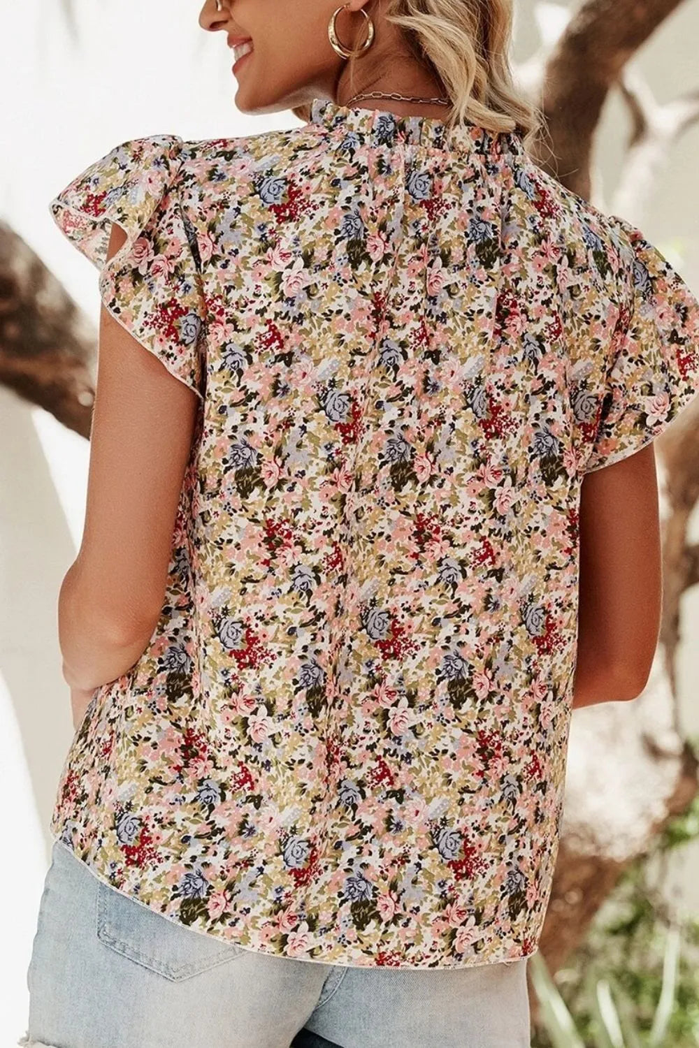 Blueberi B Women’s Floral Print Ruffle Cap Sleeve Blouse Polyester S-XL