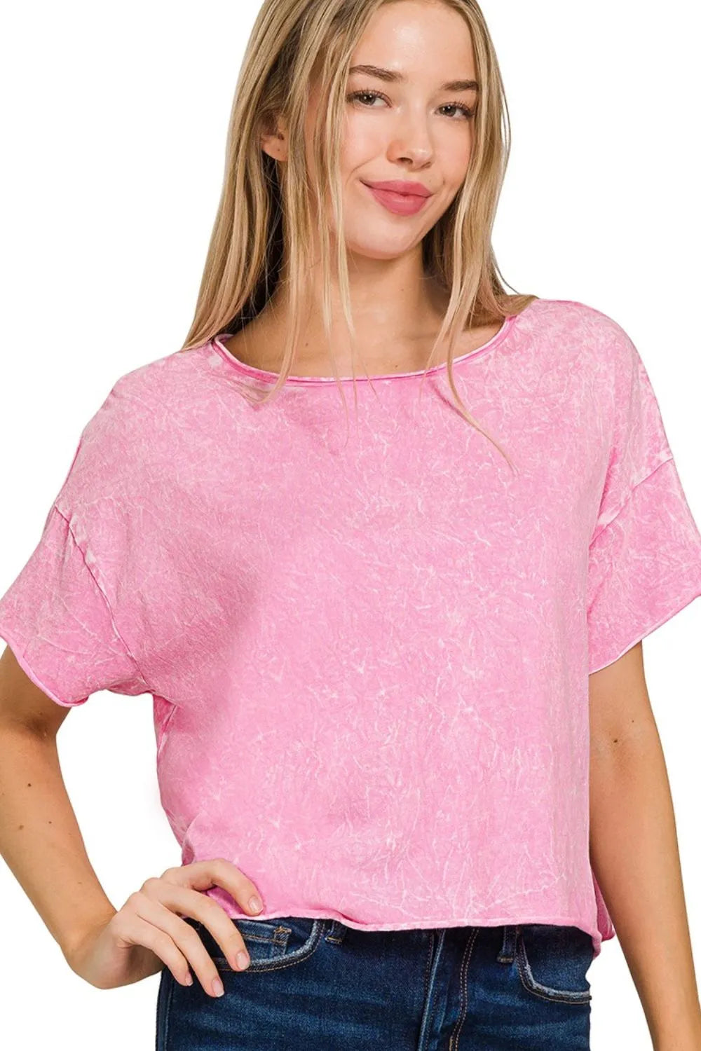 Zenana Women’s Washed Crew Neck Short Sleeve Crop Box Tee Cotton S/M L/XL