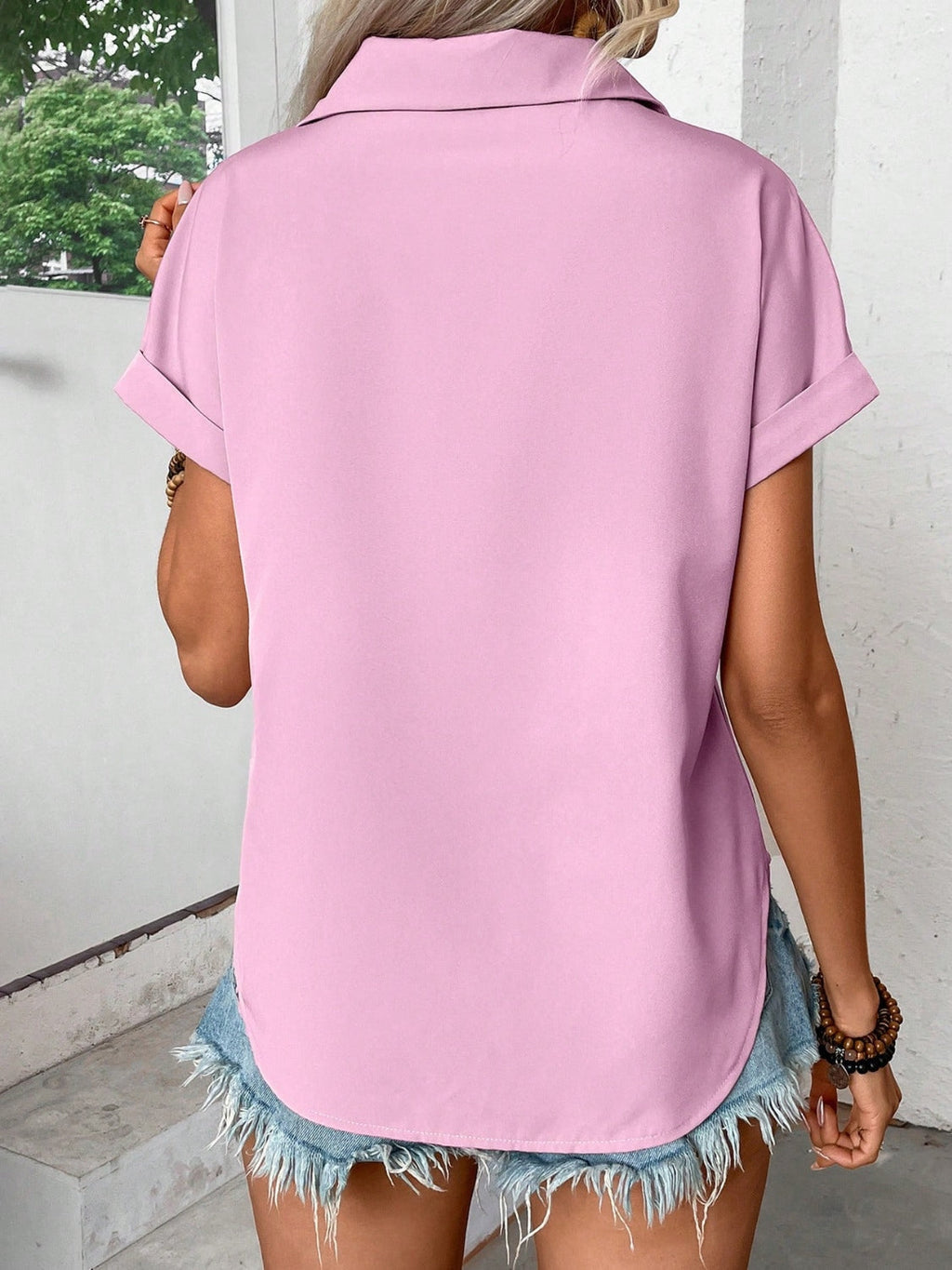 Blueberi B Women’s Pleated Detail Collared Neck Short Sleeve Shirt Polyester Size S-2XL