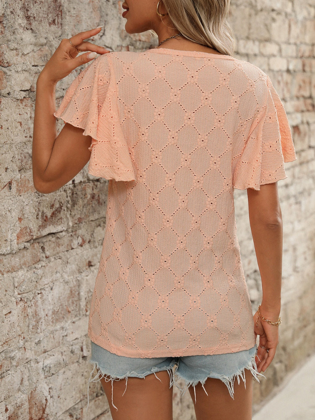 Blueberi B Women’s Eyelet Round Neck Flutter Sleeve Top Polyester Viscose Elastane Size Size S-2XL