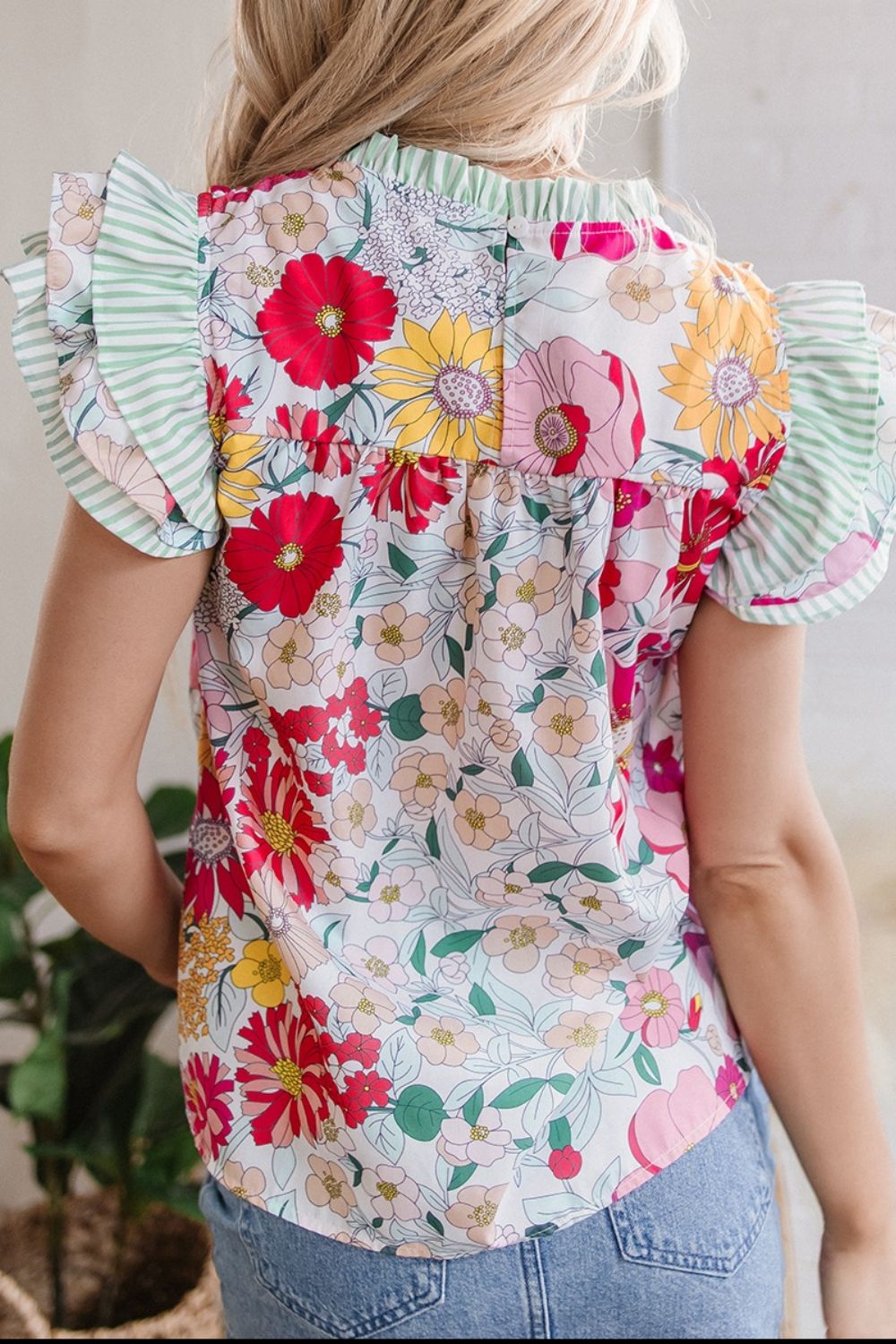 Blueberi B Women’s Frill Floral Print Ruffle Cap Sleeve Blouse Polyester Size S-XL