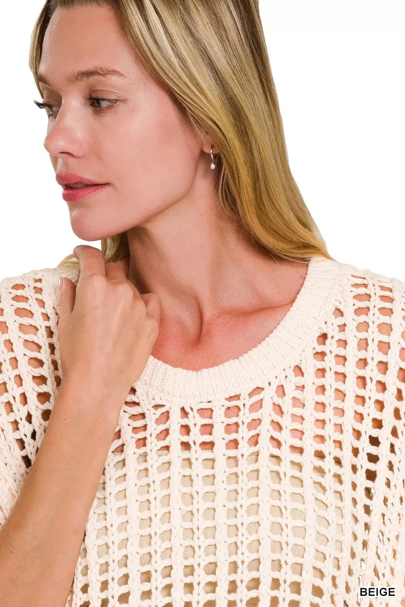 Zenana Fish Net Short Sleeve Crochet Knit Cover Up Cotton Sizes S/M L/XL