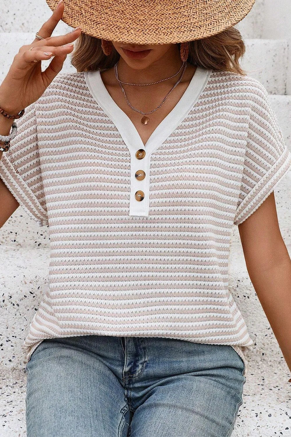 Blueberi B Women’s Stripe Buttoned Front V Neck T Shirt Polyester Elastane Size S-XL