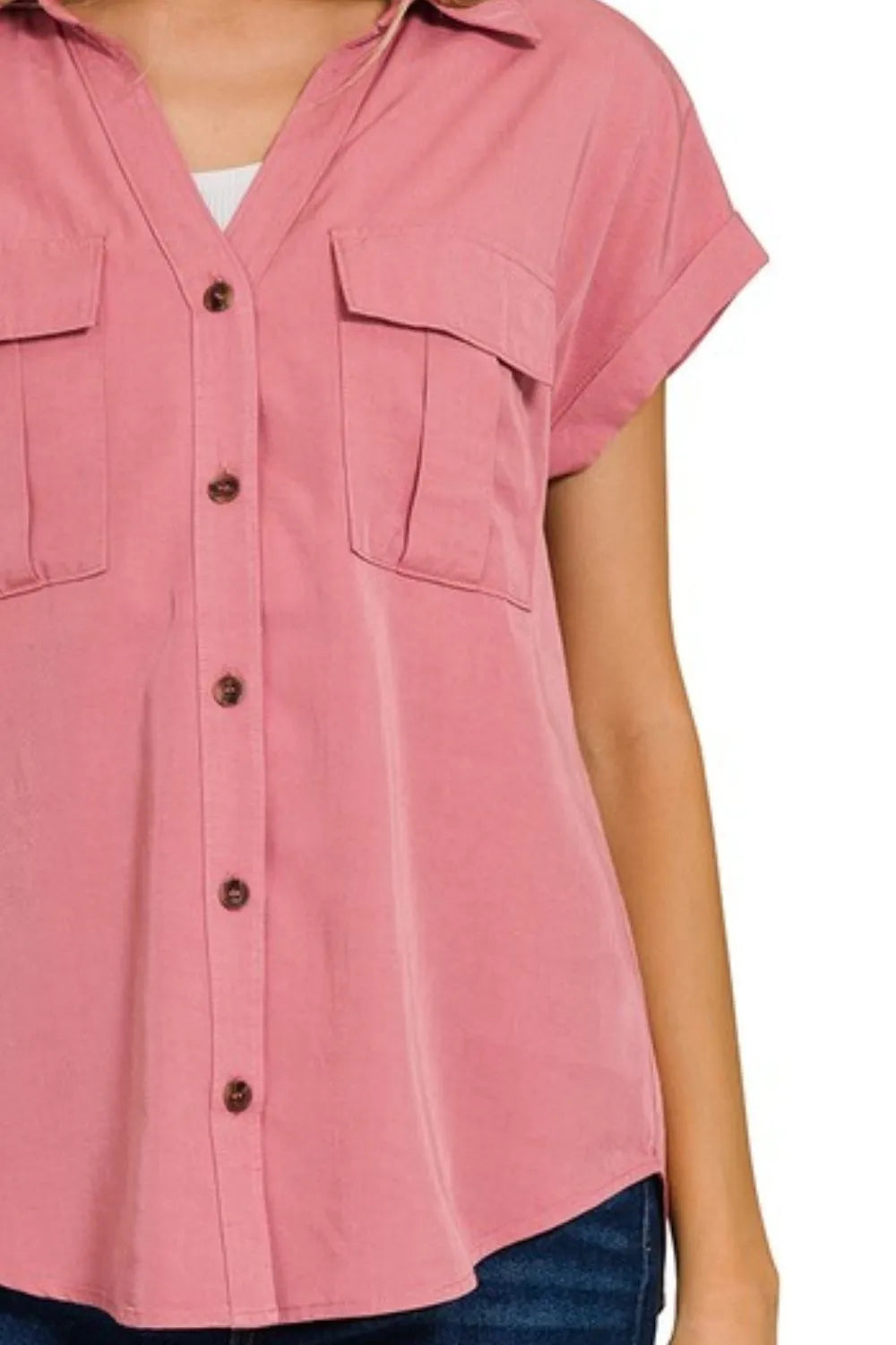 Zenana Women’s Tencel V-neck Collared Top W Front Flap Pockets Short Sleeve Rayon Viscose Size S-XL