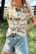 Blueberi B Women’s Western Fashion Mustang River Printed Mesh T Shirt Polyester Elastane Size S-XL