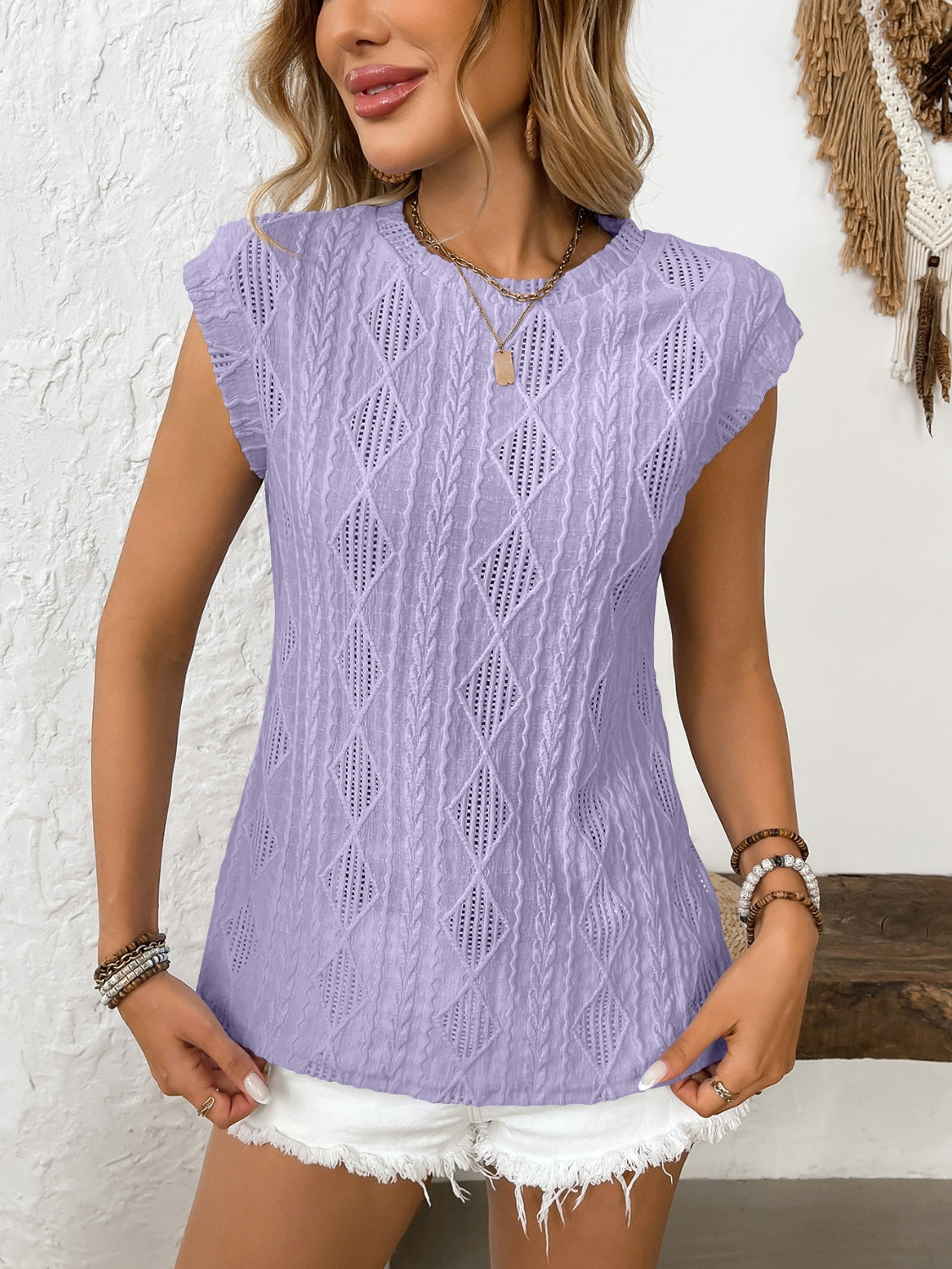 Blueberi B Women’s Eyelet Round Neck Cap Sleeve Top Polyester Elastane Size S-2XL