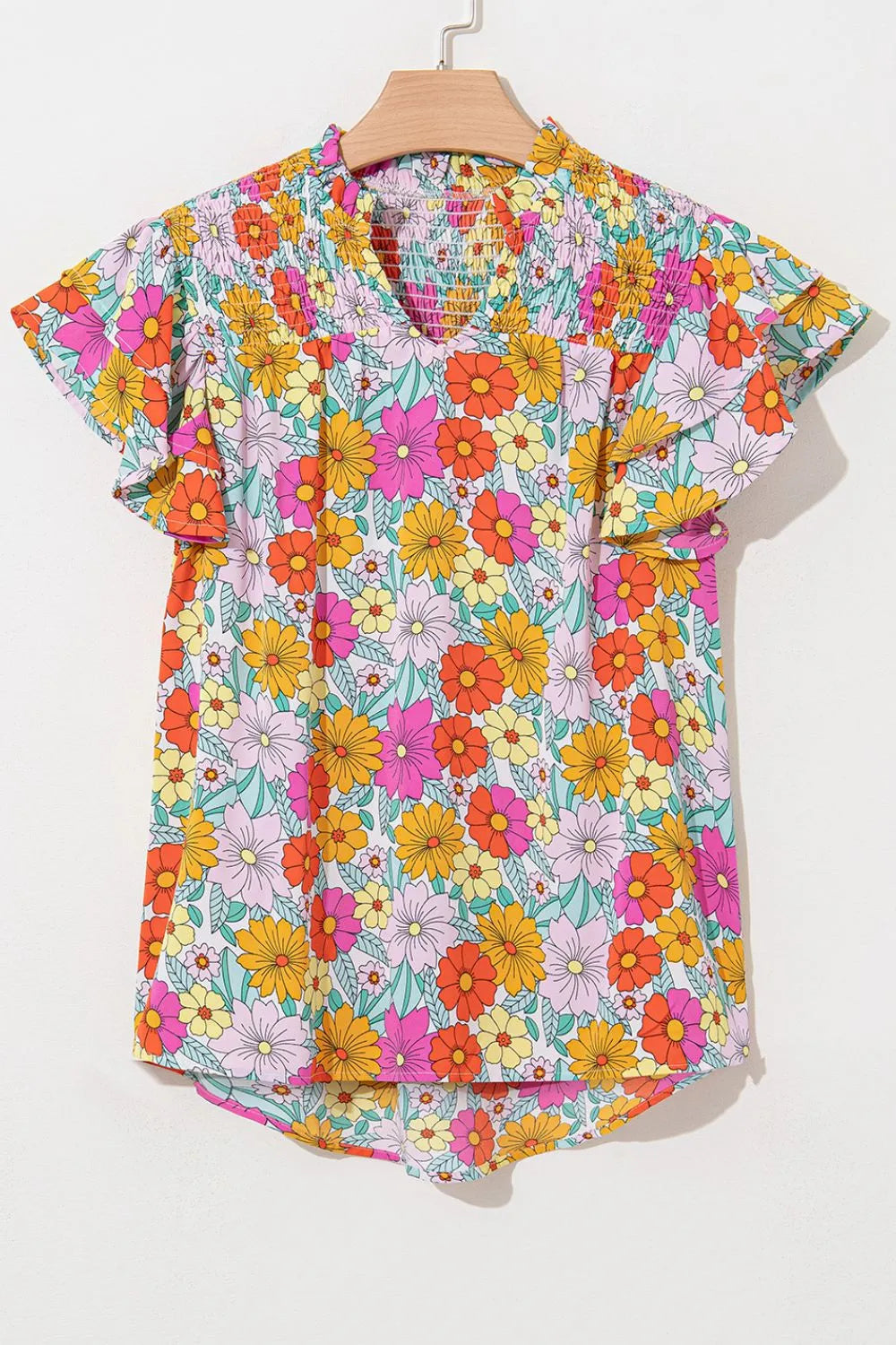 Blueberi B Women’s Floral Print Shirred Tiered Ruffled Sleeve Blouse Polyester Size S-XL