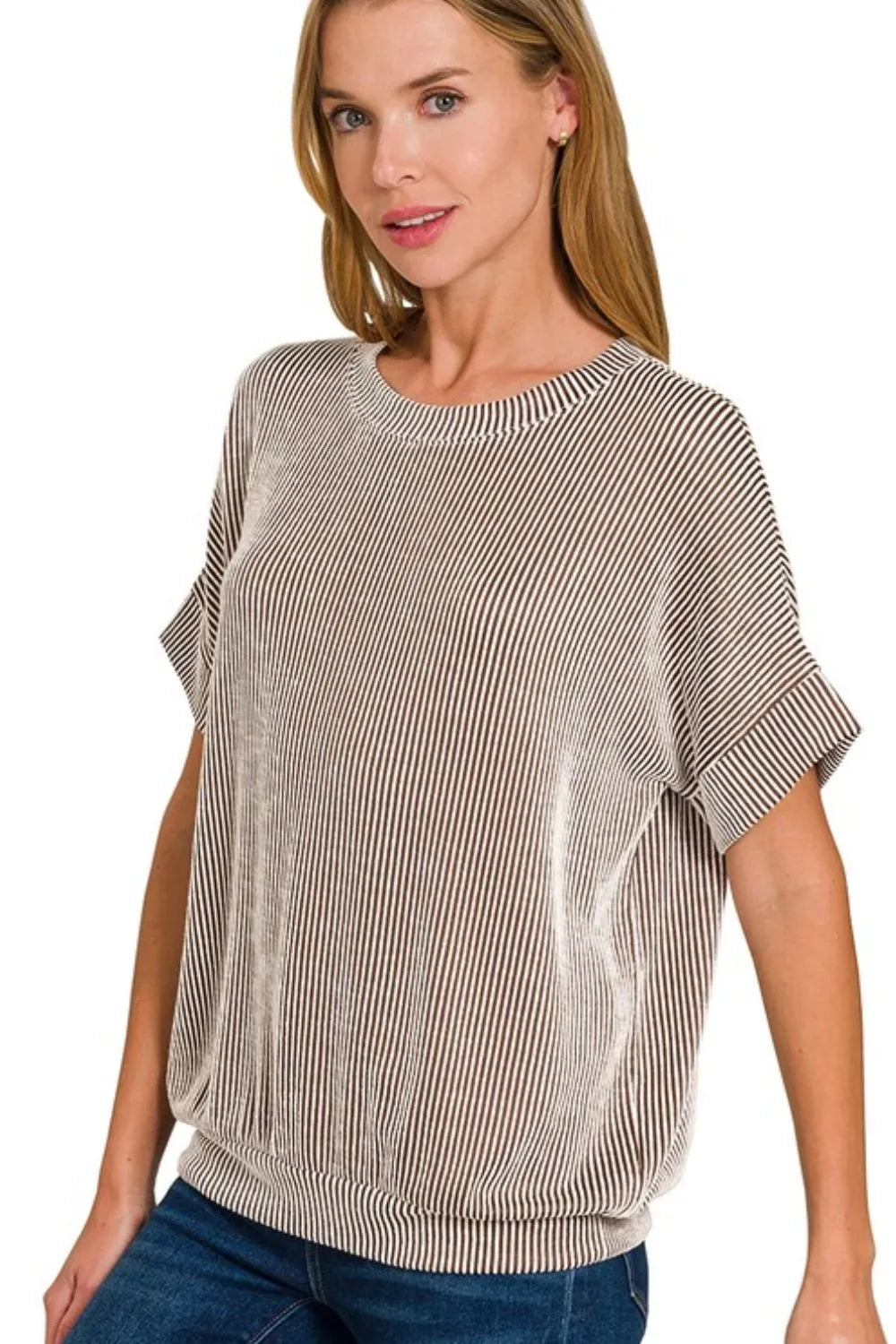 Zenana Women’s Corded Rib Short Sleeve T-Shirt Rayon Polyester Spandex Size S-L