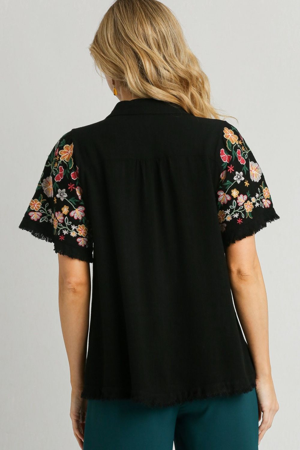 Umgee Women’s Full Size Linen Shirt with Embroidered Sleeves Linen Cotton Plus Size S-2XL