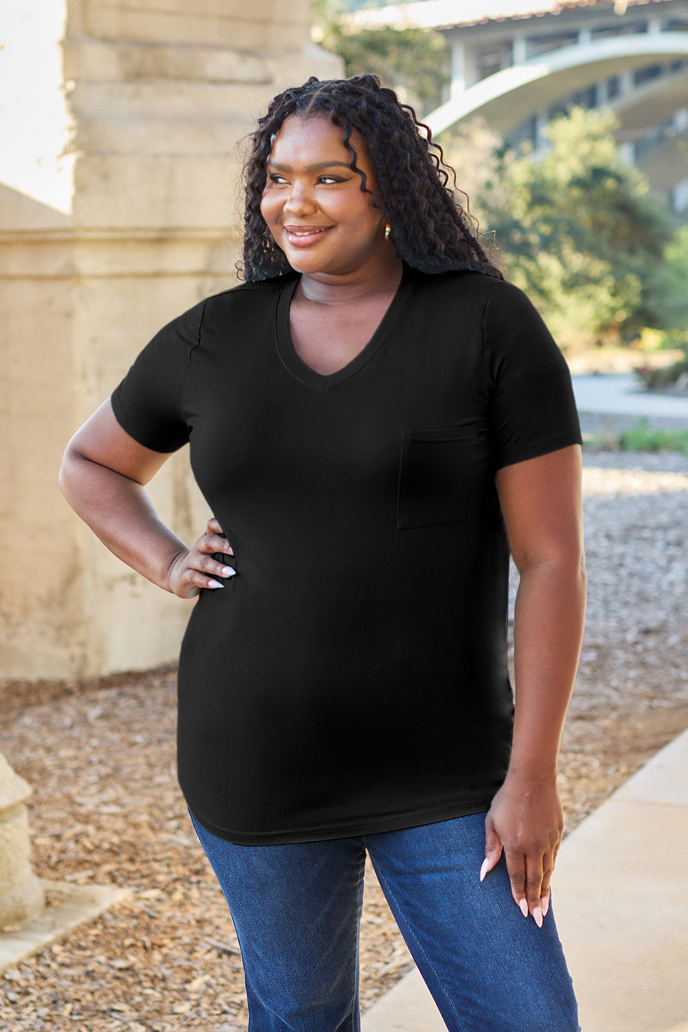 Basic Bae Women’s Bamboo Full Size  V-Neck Short Sleeve T-Shirt Bamboo Spandex Size S-3XL
