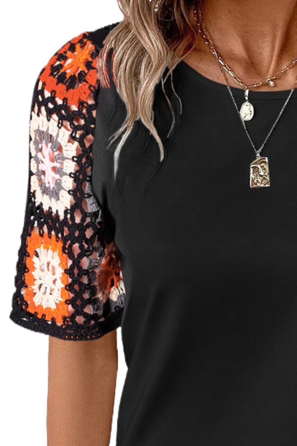 Blueberi B Women's Geometric Round Neck Short Sleeve Blouse Polyester Elastane Size S-XL