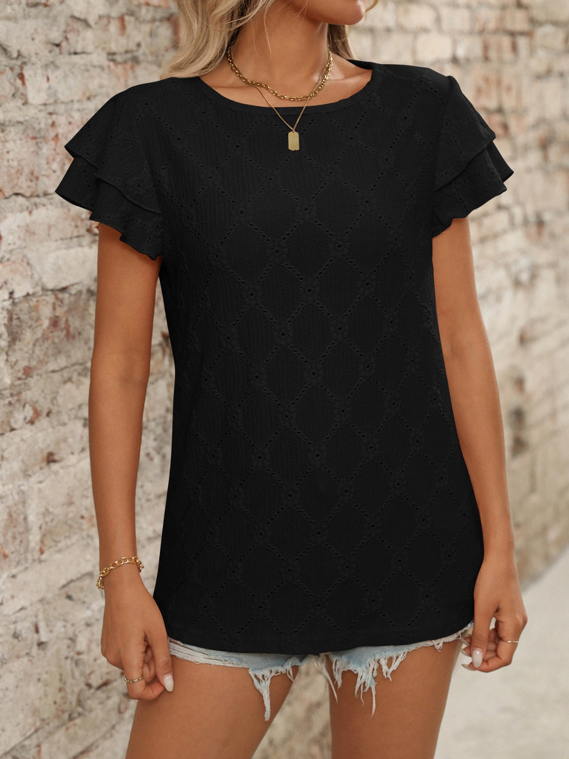 Blueberi B Women’s Eyelet Round Neck Double Layered Ruffled Short Sleeve Top Polyester Viscose Elastane Size S-2XL