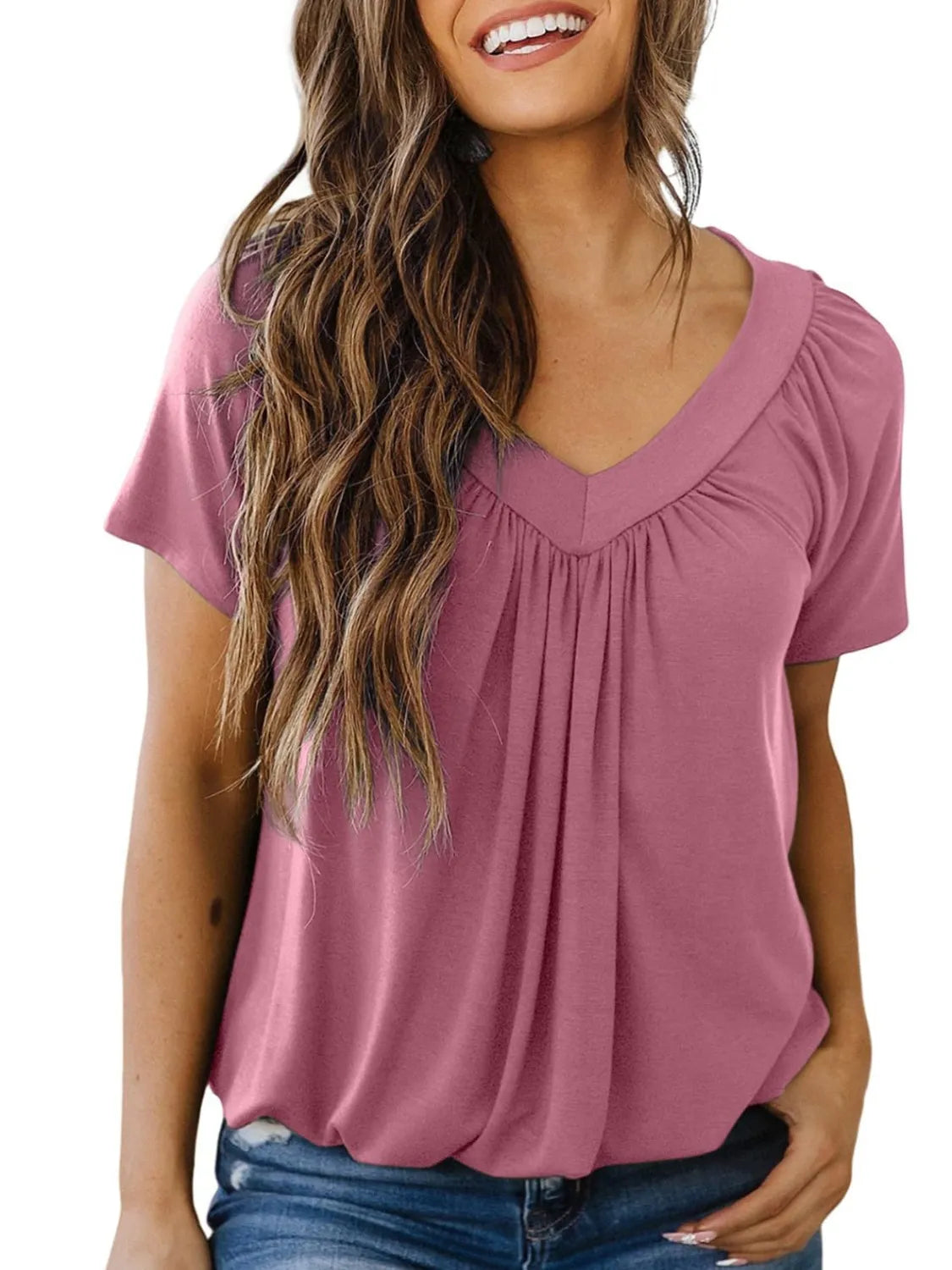 Blueberi B Women’s V-Neck Short Sleeve T-Shirt Polyester Viscose Elastane Size S-2XL