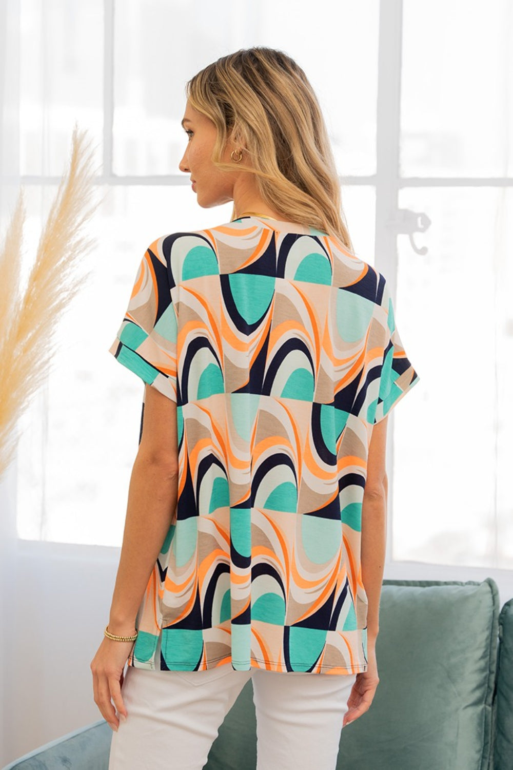 Sew In Love Women's Wrinkle-Free Geometric Short Sleeve Shirt Polyester Spandex Size S-L