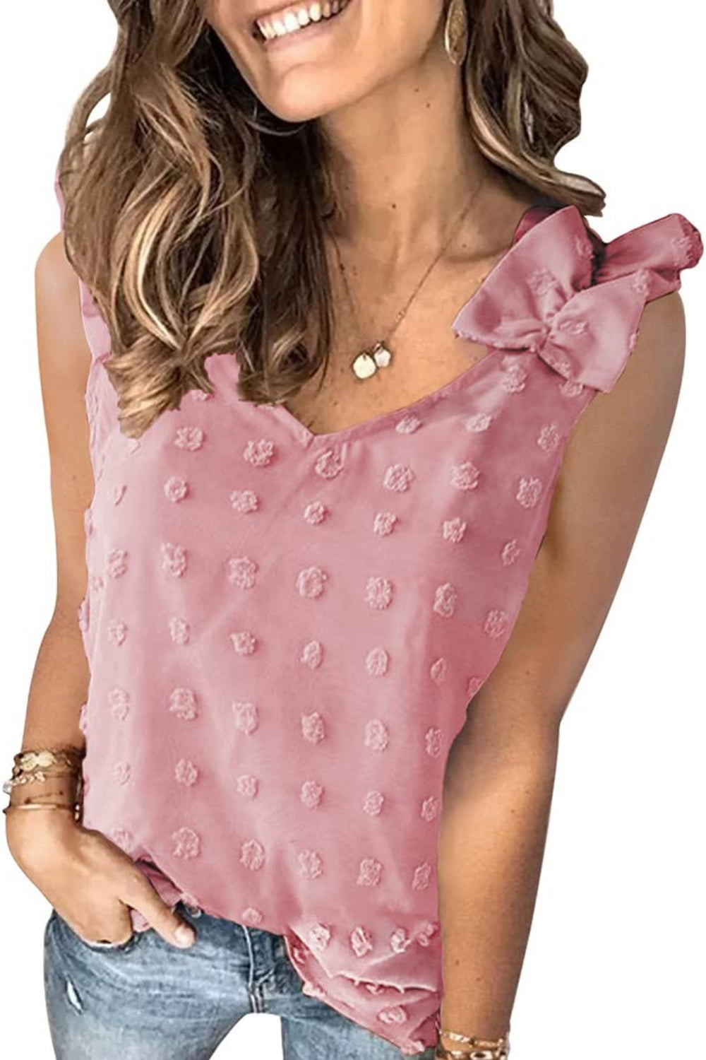 Blueberi B Women's  Full Size Swiss Dot V-Neck Tank Polyester Size S-3XL