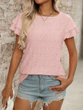 Blueberi B Women’s Eyelet Round Neck Double Layered Ruffled Short Sleeve Top Polyester Viscose Elastane Size S-2XL
