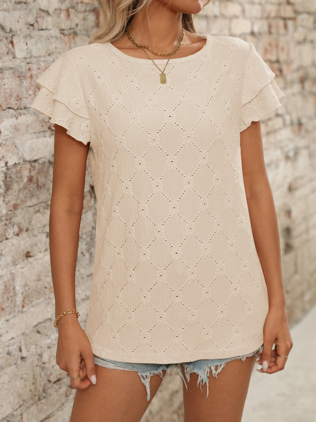 Blueberi B Women’s Eyelet Round Neck Double Layered Ruffled Short Sleeve Top Polyester Viscose Elastane Size S-2XL