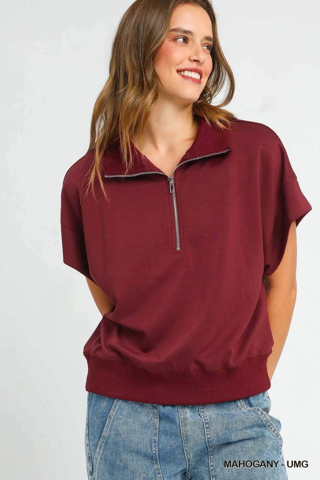 Umgee Women’s Full Size Half-Zip Short Sleeve Top Plus Size Rayon Polyester Plus Size S-2XL