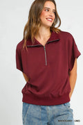 Umgee Women’s Full Size Half-Zip Short Sleeve Top Plus Size Rayon Polyester Plus Size S-2XL
