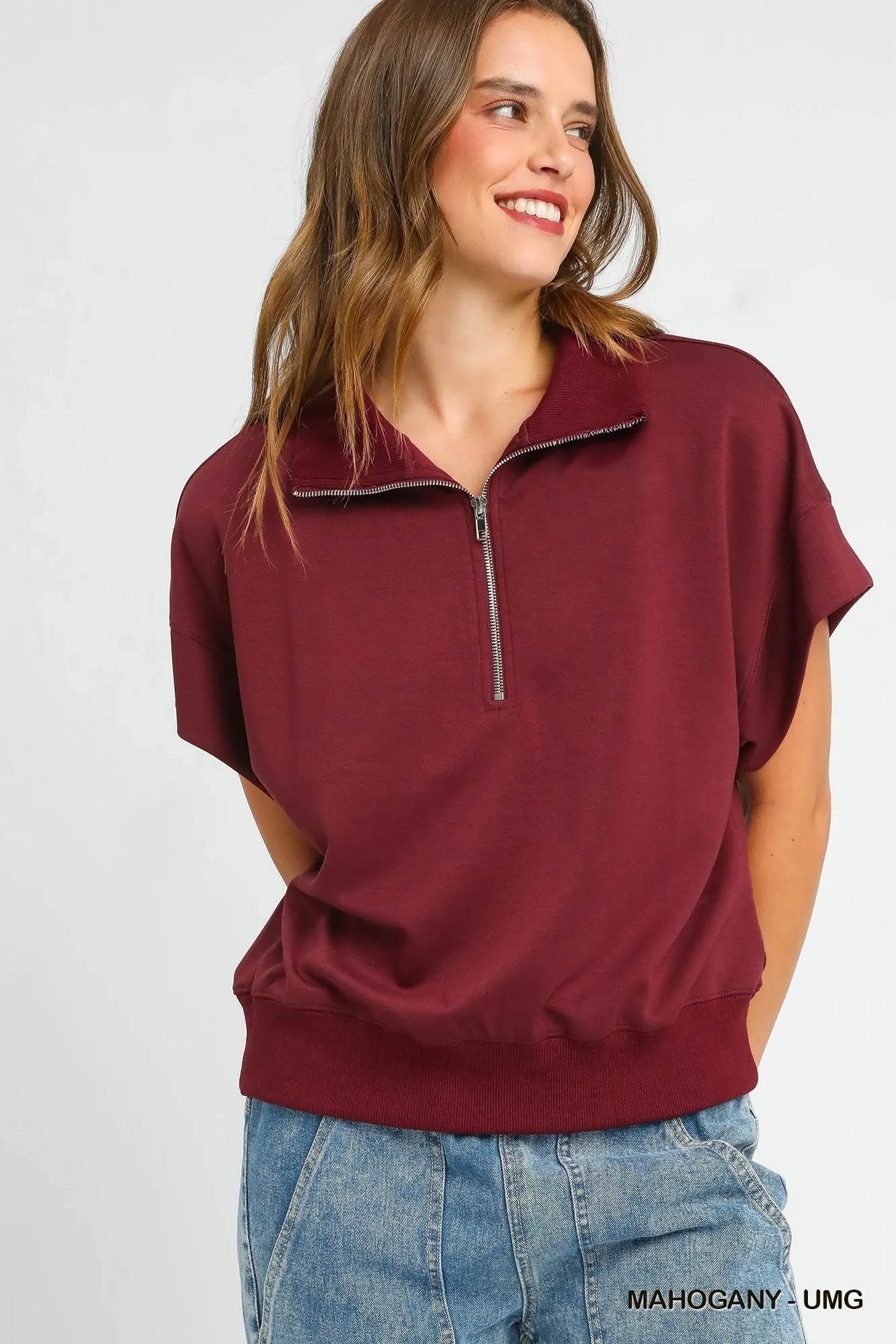 Umgee Women’s Full Size Half-Zip Short Sleeve Top Plus Size Rayon Polyester Plus Size S-2XL