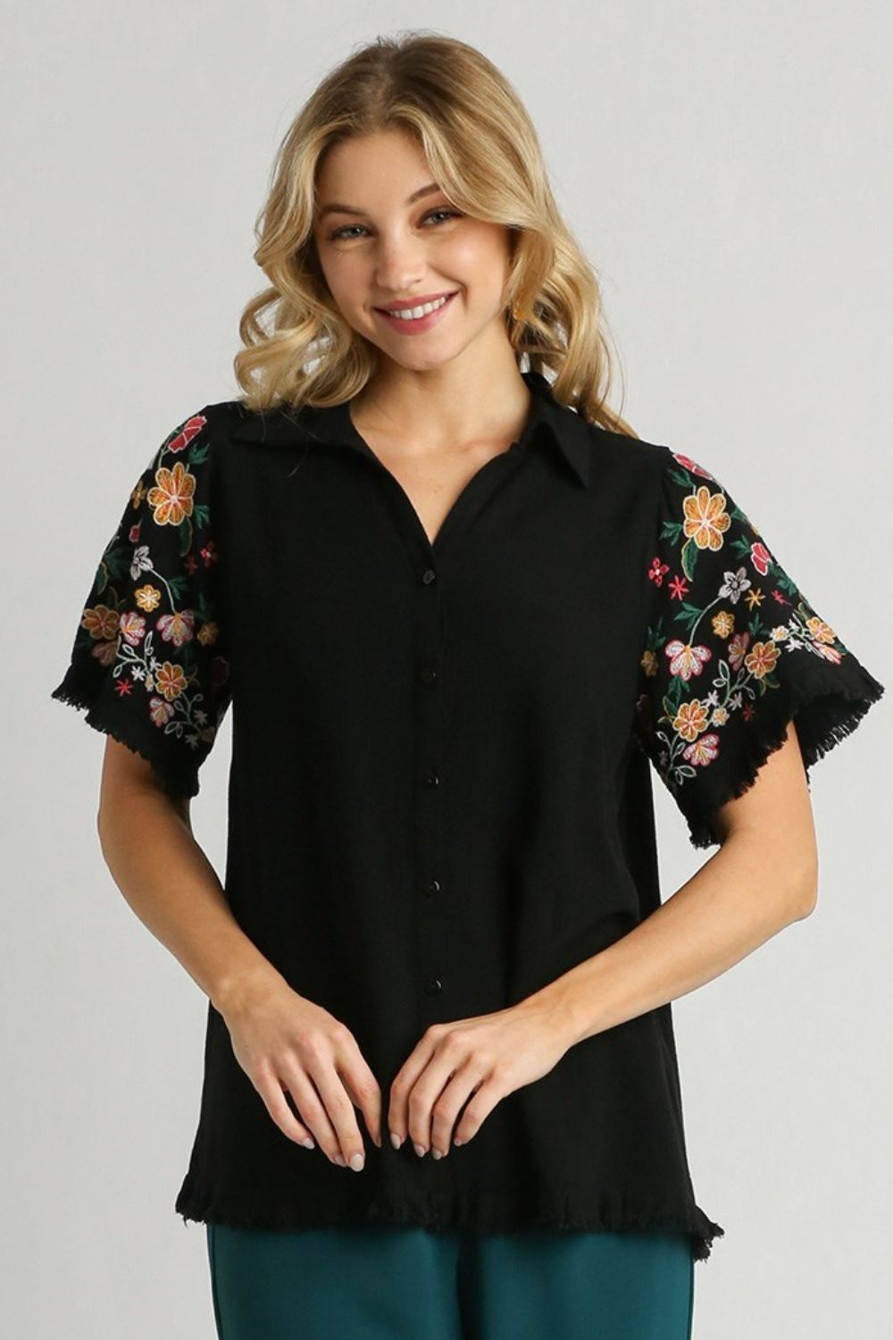 Umgee Women’s Full Size Linen Shirt with Embroidered Sleeves Linen Cotton Plus Size S-2XL