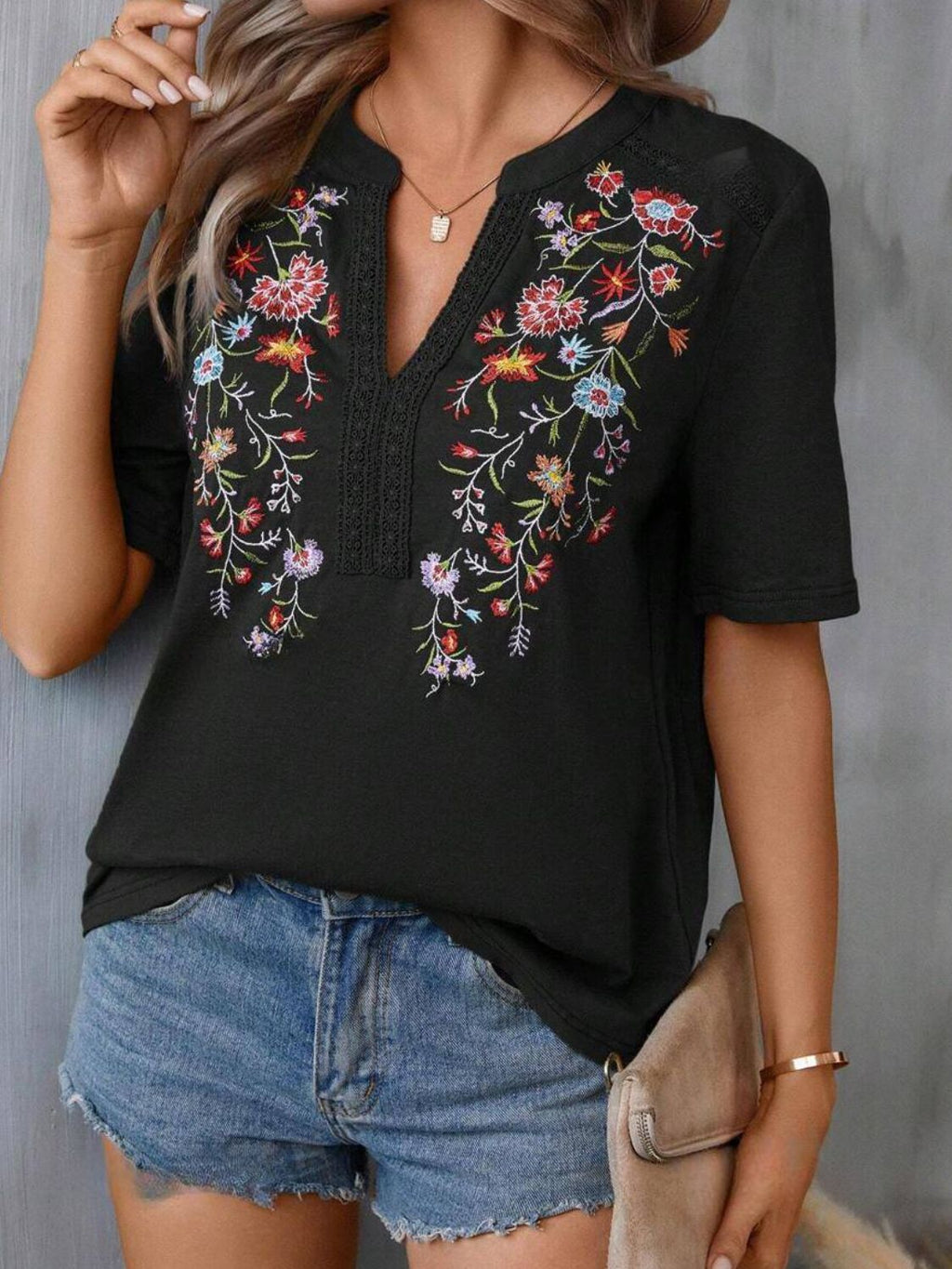 Blueberi B Women's Embroidered Notched Short Sleeve T-Shirt Polyester Elastane Size S-2XL