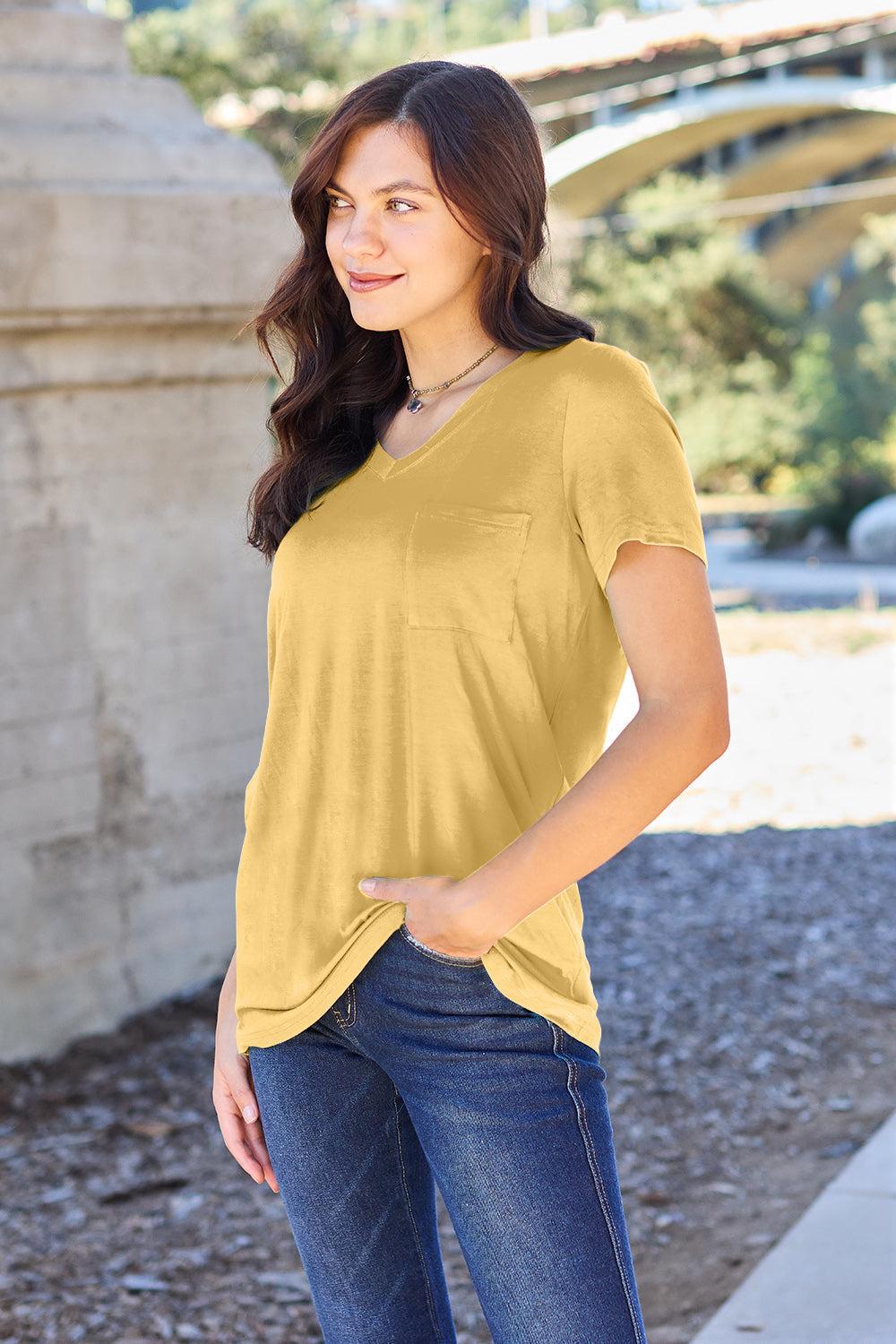 Basic Bae Women’s Bamboo Full Size  V-Neck Short Sleeve T-Shirt Bamboo Spandex Size S-3XL