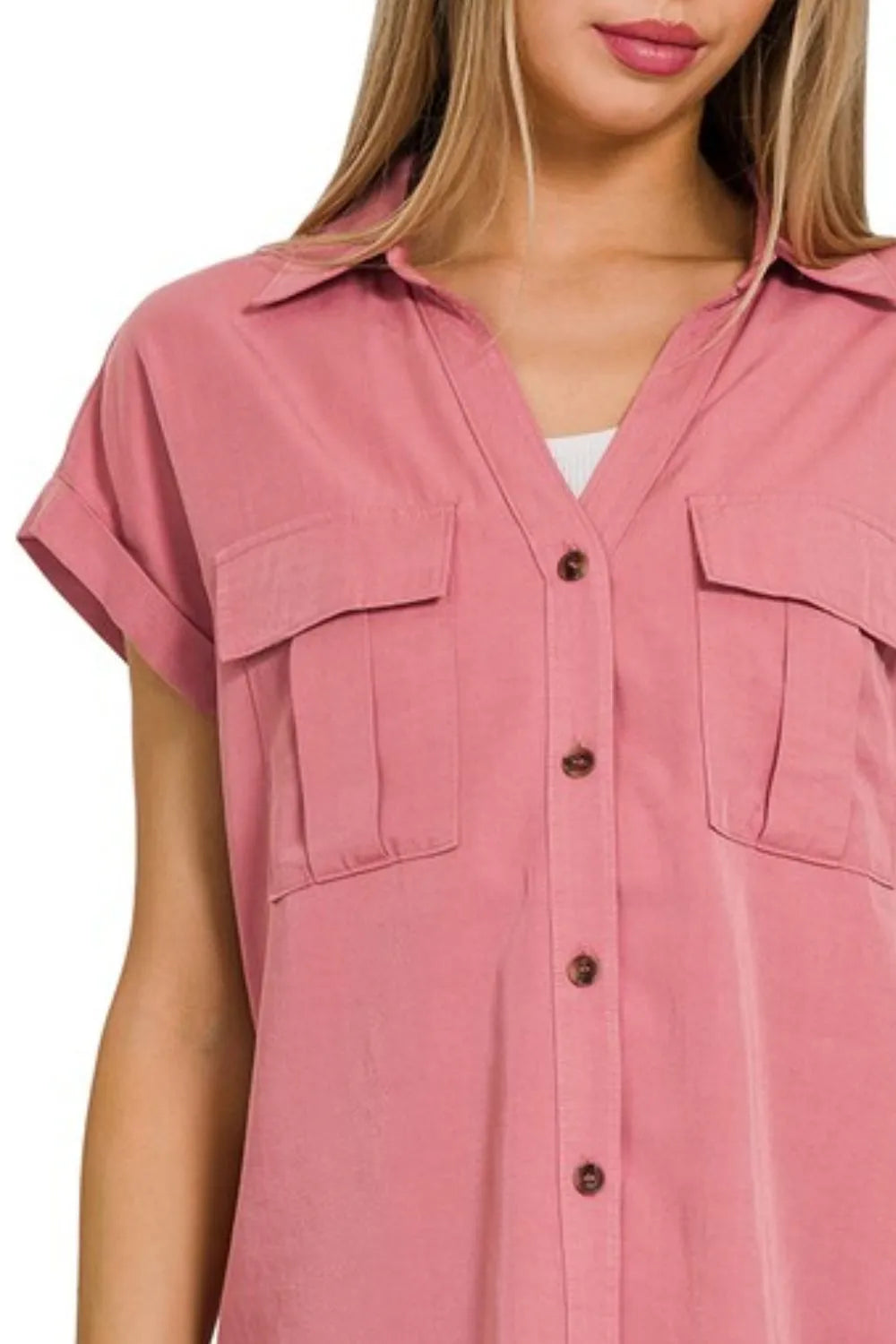 Zenana Women’s Tencel V-neck Collared Top W Front Flap Pockets Short Sleeve Rayon Viscose Size S-XL