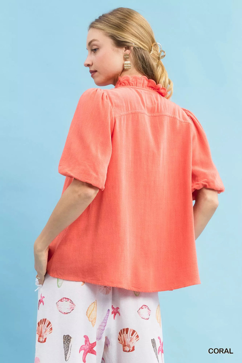 Umgee Linen Scallop Trim V-Neck Blouse Linen Cotton Sizes S-L