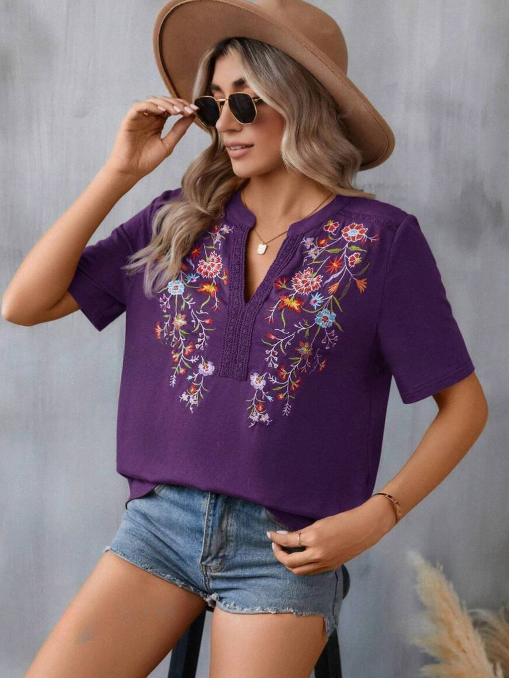 Blueberi B Women's Embroidered Notched Short Sleeve T-Shirt Polyester Elastane Size S-2XL