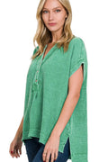 Zenana Women’s Washed Double Gauze 3/4 Button Henley Neck Short Sleeve Shirt Cotton Size S/M L/XL