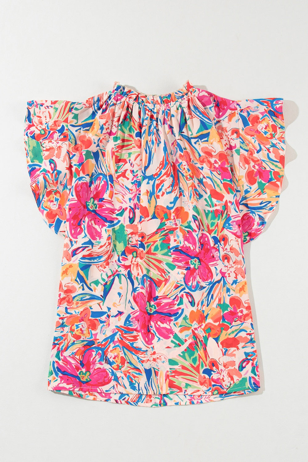 Blueberi B Women's Ruffled Printed Tie Neck Cap Sleeve Blouse Polyester S-XL